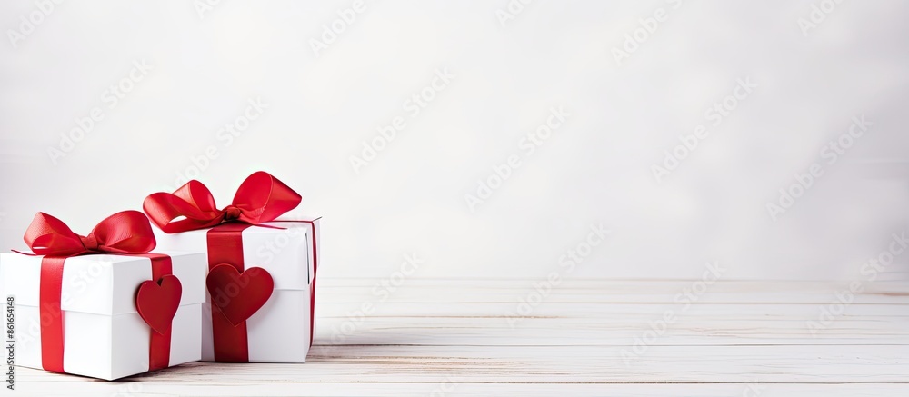 Poster Two romantic Valentine's Day gift boxes, one red and one white, arranged on a white wooden table background with empty space for text or a logo. with copy space image. Place for adding text or design