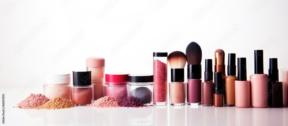 Poster Makeup products displayed on a white background with a soft-focus effect, ideal for adding text or graphics in copy space image.
