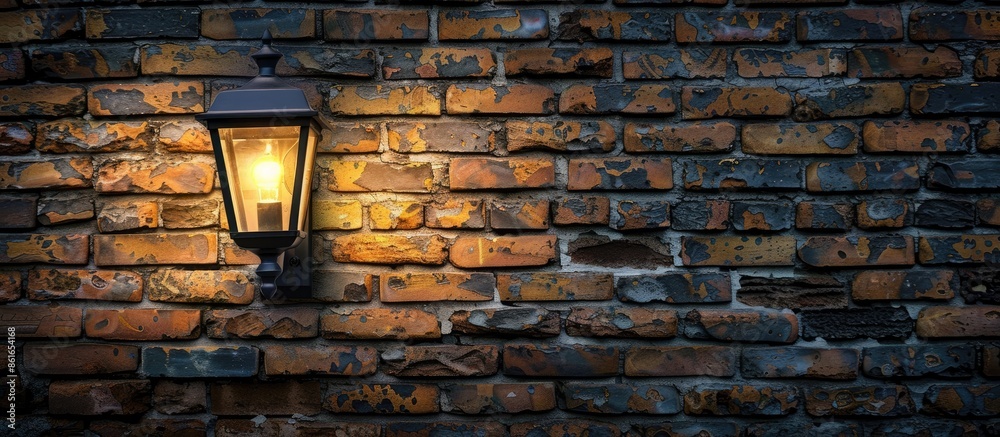 Poster wall lamp on the old brickwall closeup. scone lamp on vintage brick wall at nigh in twilight. facade