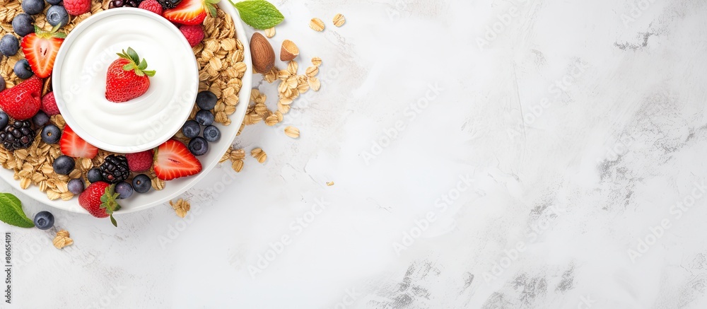 Leinwandbilder Fresh granola and muesli with yogurt and berries on a marble background in a top view, with space for adding text or images. with copy space image. Place for adding text or design