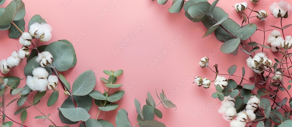 Aufkleber a flower arrangement featuring eucalyptus leaves and cotton flowers on a soft pink surface with a to