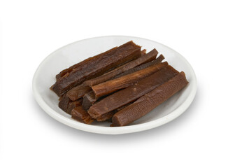 pile of black pickle burdock root isolated on white background cutout