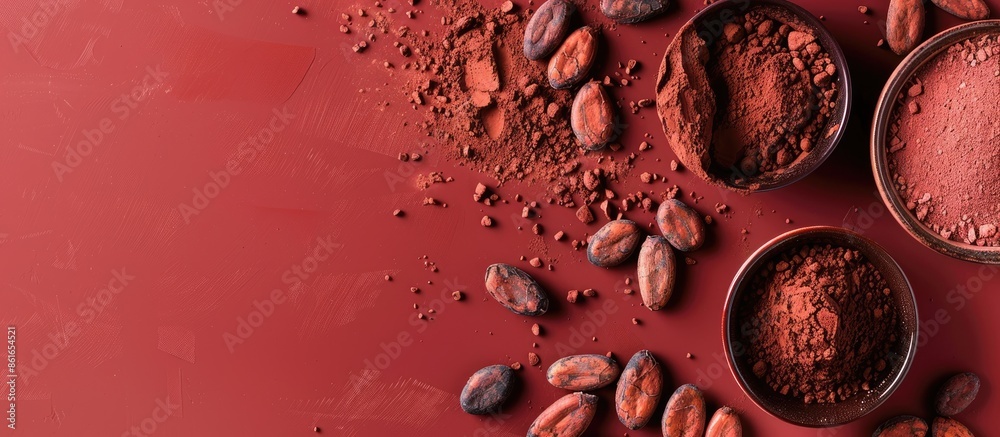 Aufkleber red background with copy space image featuring organic cacao beans, cocoa powder, and chocolate, sui
