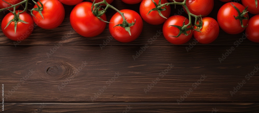 Poster several vibrant red tomatoes arranged on wooden board with copy space image.