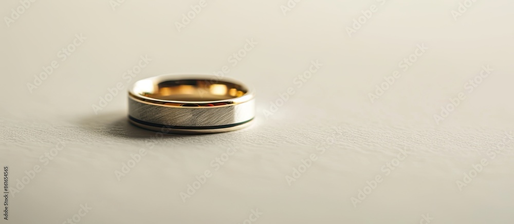 Poster a plain silver and gold wedding band for men displayed on a white studio background with copy space 