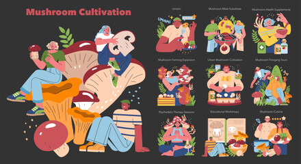 Mushroom Cultivation. Flat Vector Illustration