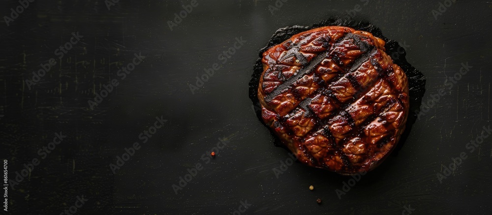 Fototapete Top view of a grilled fillet mignon beef steak on a black background with ample copy space image.