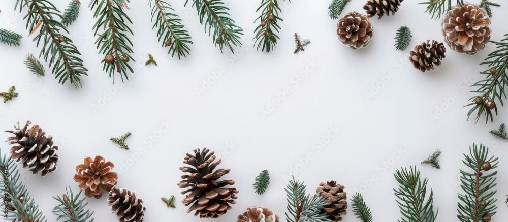 Poster top view winter-themed arrangement with pine branches, pine cones on white backdrop, ideal for merry