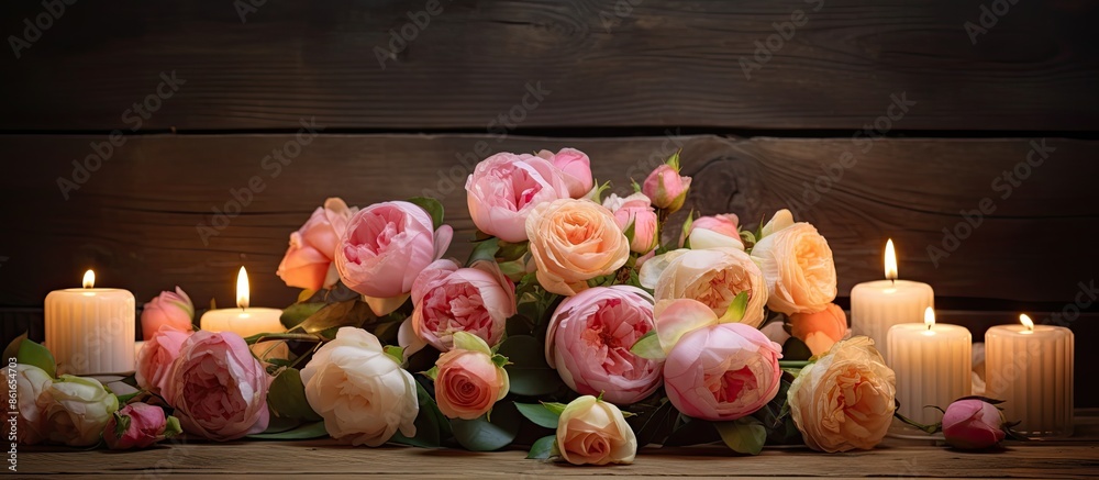Poster a floral display featuring roses and ranunculus, accompanied by candles, set against a rustic wooden