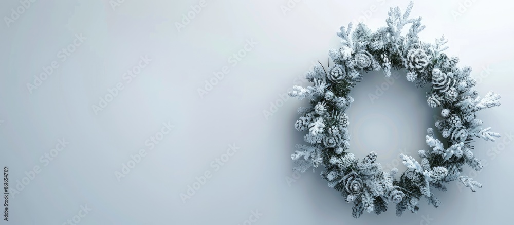 Poster A white Christmas wreath displayed on a wall with a background perfect for adding text or images, known as a copy space image.