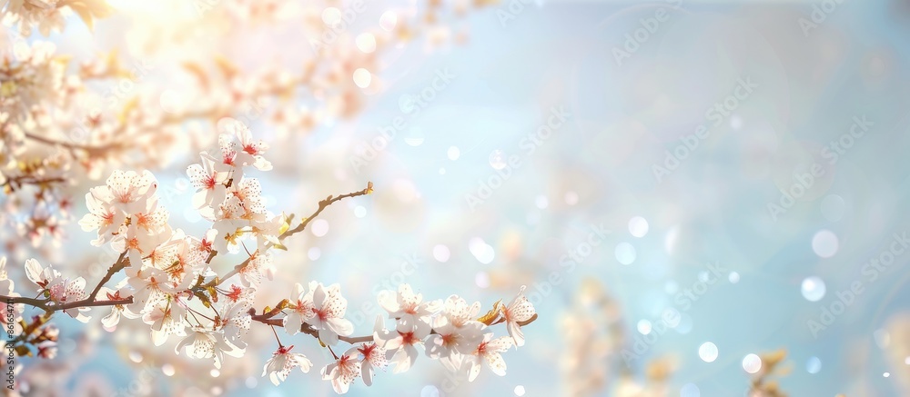 Poster spring cherry branches in bloom with a soft focus against a light blue sky, bathed in sunlight, crea