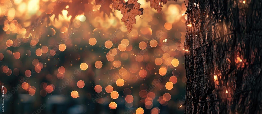 Poster Bokeh background in orange hues created by natural lighting under a tree with copy space image available.