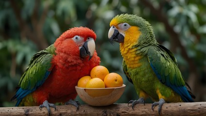 Obraz premium A dialogue between two parrots discussing their favorite fruits ai-generated
