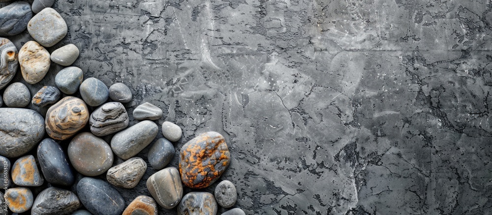 Poster gray floor surface with stones. with copy space image. Place for adding text or design