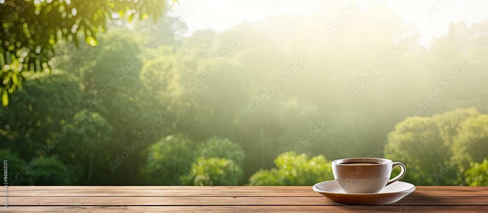 Poster selective focus on a cup of coffee placed on a wooden table in the sunlight, against a green nature 