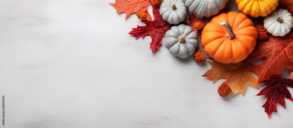 Poster fall-themed arrangement of pumpkins and dried leaves on a soft gray backdrop. perfect for autumn, ha