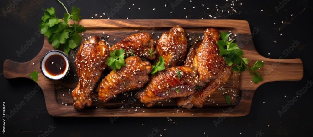 Poster top view of delicious barbecue chicken wings garnished with sesame seeds and parsley on a wooden boa