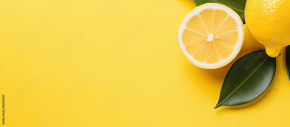 Poster A lemon fruit on a yellow background in a flat lay, top view with ample copy space for customization.