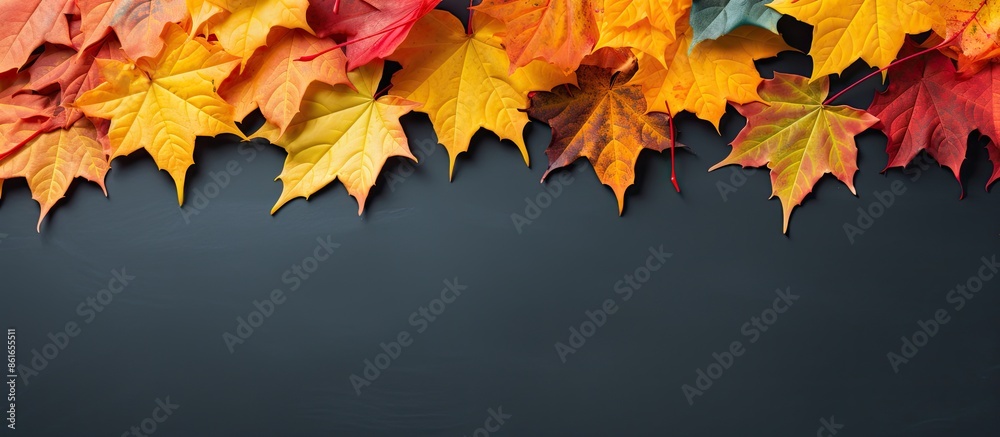 Aufkleber Overhead view of colorful autumn maple leaves on a surface with empty space for text or designs. with copy space image. Place for adding text or design