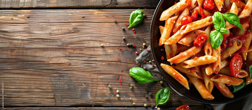 Poster Italian penne pasta in a flavorful tomato sauce with assorted vegetables, presented on a rustic wooden backdrop, with room for text in the image. with copy space image