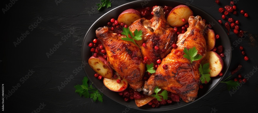 Poster top view of a gray ceramic mold filled with roasted chicken in pomegranate sauce and potatoes on a d