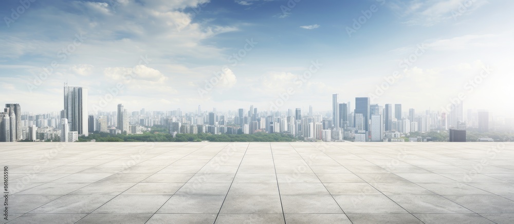 Poster Empty concrete square floor in front of a panoramic skyline and buildings with copy space image.