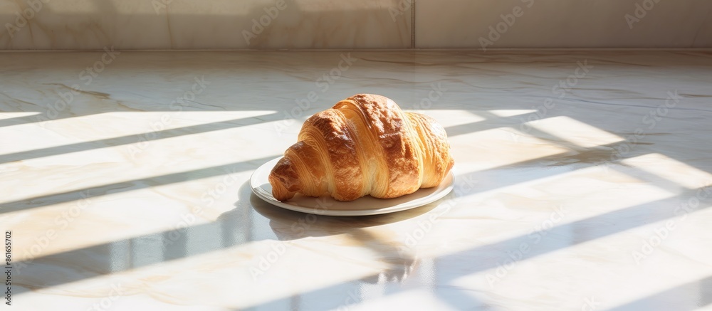 Poster a white plate displaying a freshly baked croissant on a marble floor, basking in morning sunlight wi