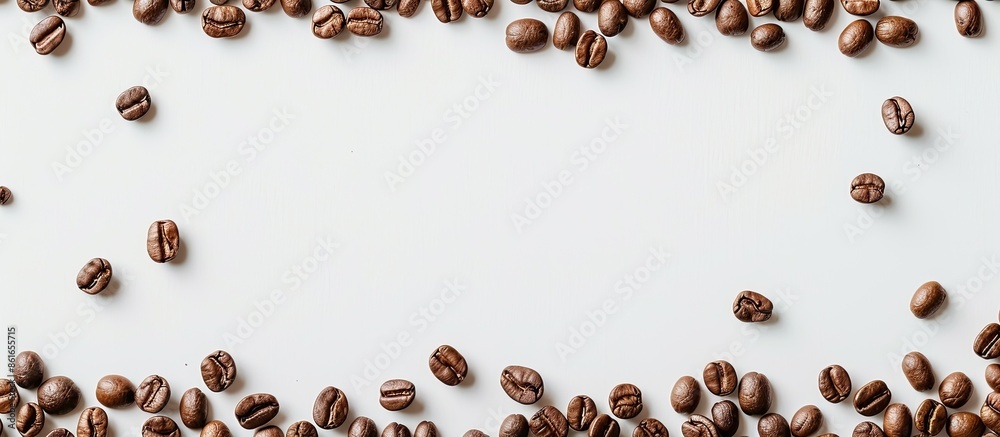 Poster Top-down view of coffee beans creating a border on a white background, offering space for text. Ideal for a flat lay composition with a copy space image.