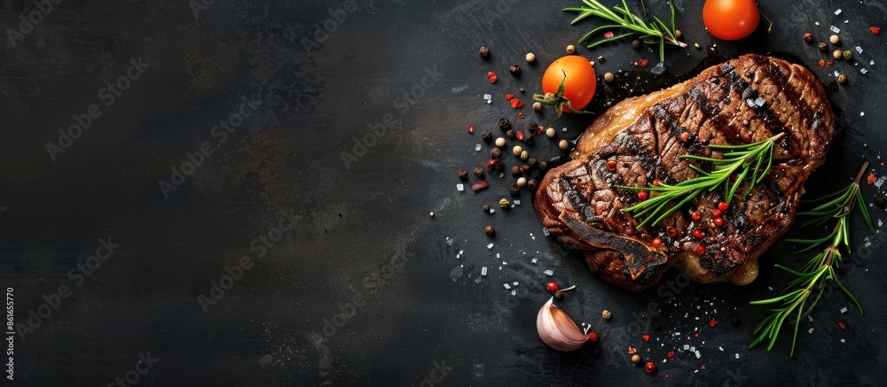 Aufkleber top view of a grilled ribeye beef steak with herbs and spices placed on a dark table offering free c