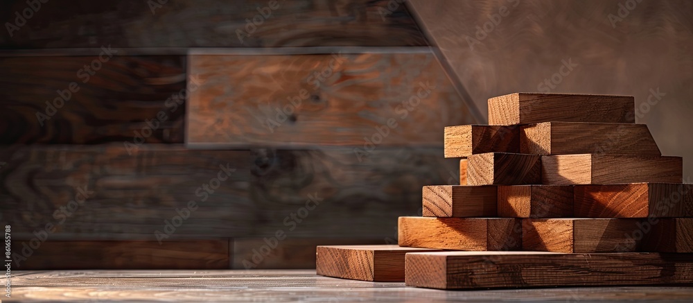 Poster wooden blocks stacked as stairs on a table, symbolizing a business's growth process. ideal for a bus