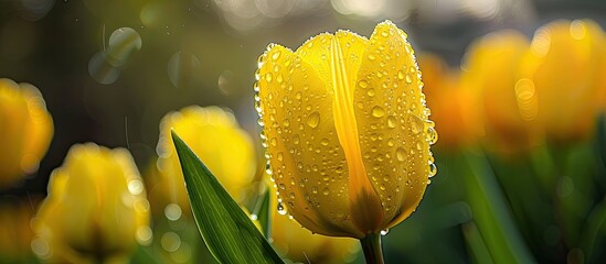 Fototapeta premium A yellow tulip with close-up, water drops, shallow focus in garden, providing copy space image.