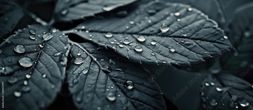 Poster monochrome-toned close-up of a leaf with water droplets, ideal for a copy space image.