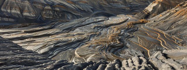 A dramatic alluvial fan, with layers of sediment deposited by ancient rivers, now carved into intricate patterns by erosion and weathering