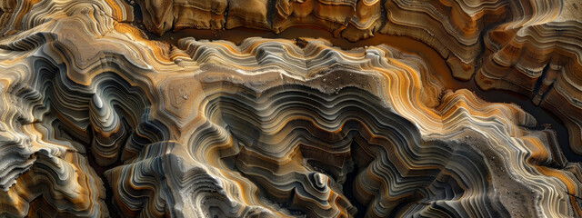 A dramatic alluvial fan, with layers of sediment deposited by ancient rivers, now carved into intricate patterns by erosion and weathering