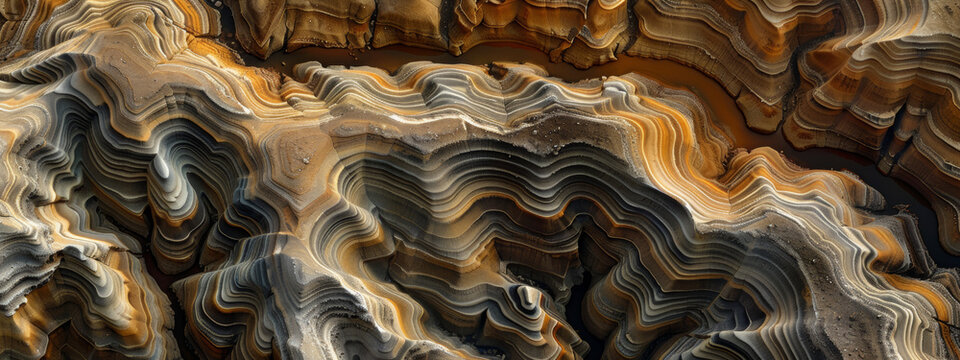 A dramatic alluvial fan, with layers of sediment deposited by ancient rivers, now carved into intricate patterns by erosion and weathering