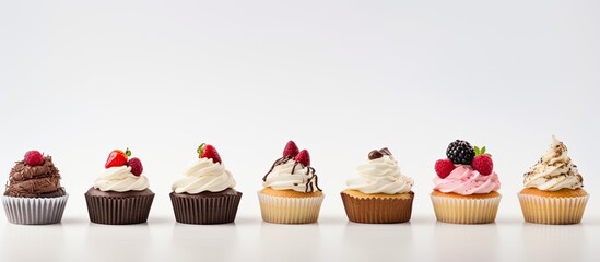 Close-up of freshly baked cupcakes on a pristine white background with ample copy space image.