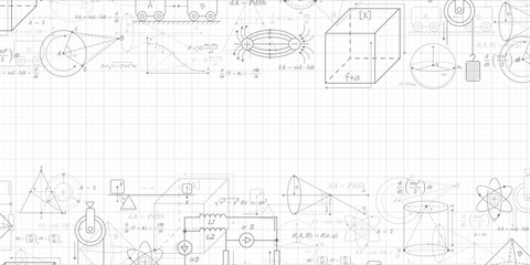 White school background. Formulas and drawings. Physics and mathematics . Scientific research. Vector illustration.