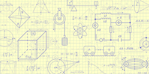 School notebook sheet with formulas.Physics and mathematics . Scientific research. Vector illustration.