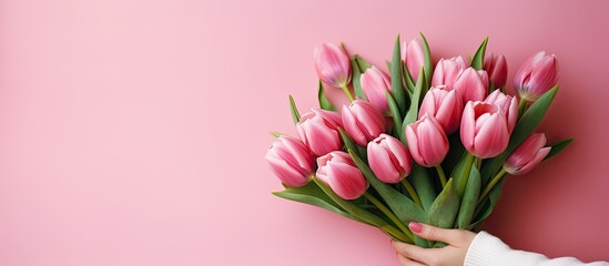 Obraz premium A woman holding a lovely bunch of vibrant pink tulips with copy space image.