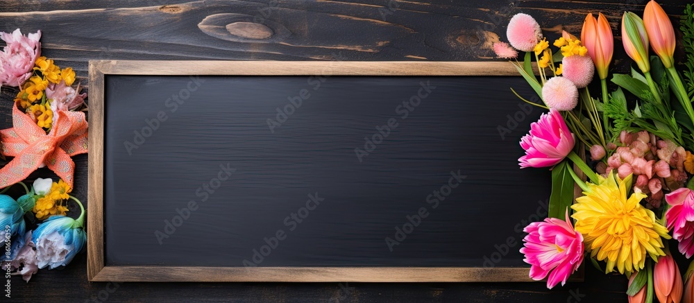 Poster Wooden background with home decorations and a flower bouquet next to an empty chalkboard mockup for a text message with copy space image.