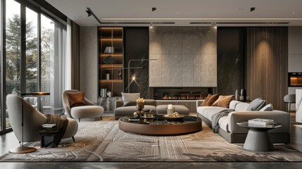 Fototapeta premium Luxurious living room with a fireplace, chic furniture, and modern decor