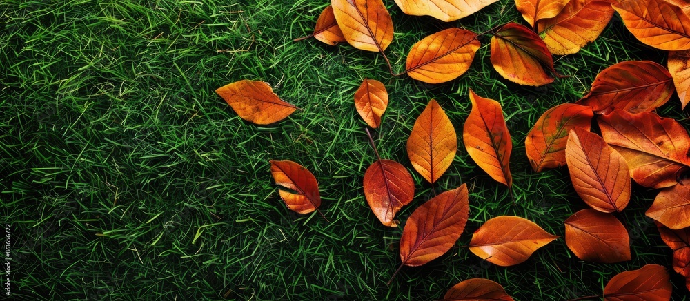 Poster autumn leaves have fallen on fresh green grass in a top-view picture with available copy space image