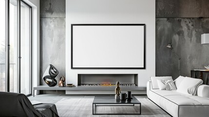 Black Frame with White Mat Above Minimalist Mantel