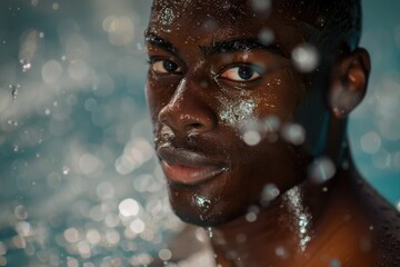 A close-up shot of a person submerged in water