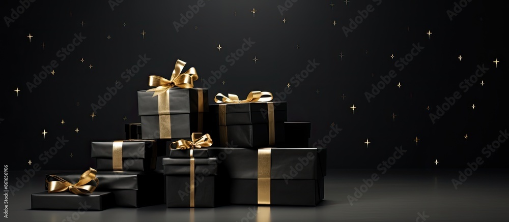 Poster christmas-themed concept with a stack of assorted-sized black gift boxes, providing copy space image