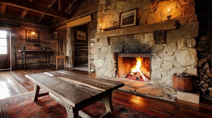 Blank Frame Adds Warmth to Rustic Cabin Interior, Cozy Cabin, Fireplace, Wooden Table