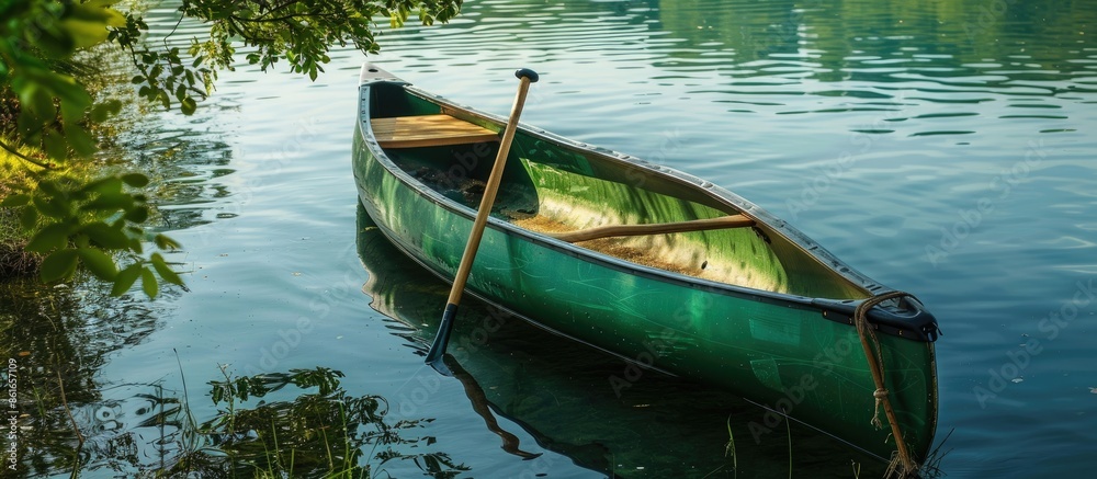 Poster a green canoe with a paddle, ideal for lake adventures on a sunny day with copy space image availabl