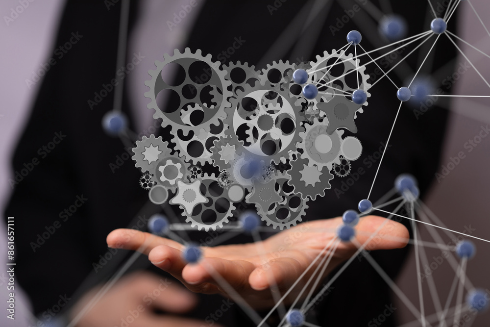 Poster gear system data. Connecting lines and dots.Big data visualization