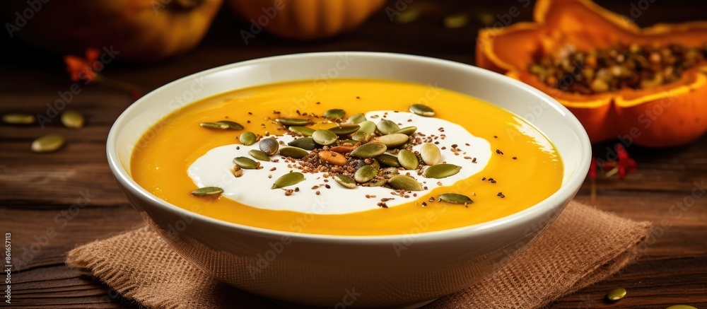 Poster a white plate holds homemade pumpkin soup topped with cream and seeds on a brown rustic wooden surfa
