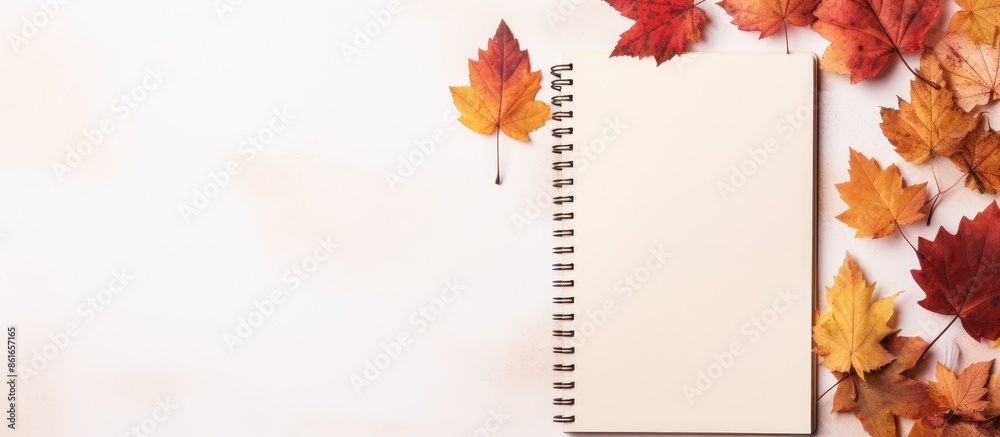 Aufkleber an autumn-themed composition featuring a notebook surrounded by colorful autumn leaves against a lig